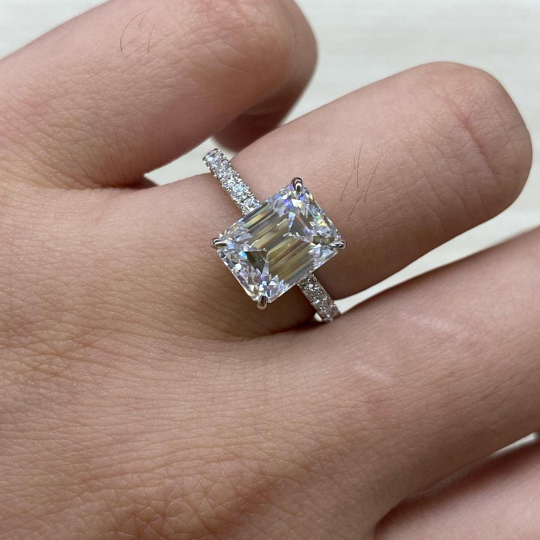 2 Ct Emerald Moissanite Diamond Ring, Engagement Ring, Halo And Pave Setting Ring, Wedding Ring, Anniversary Ring, Promise Ring For Her