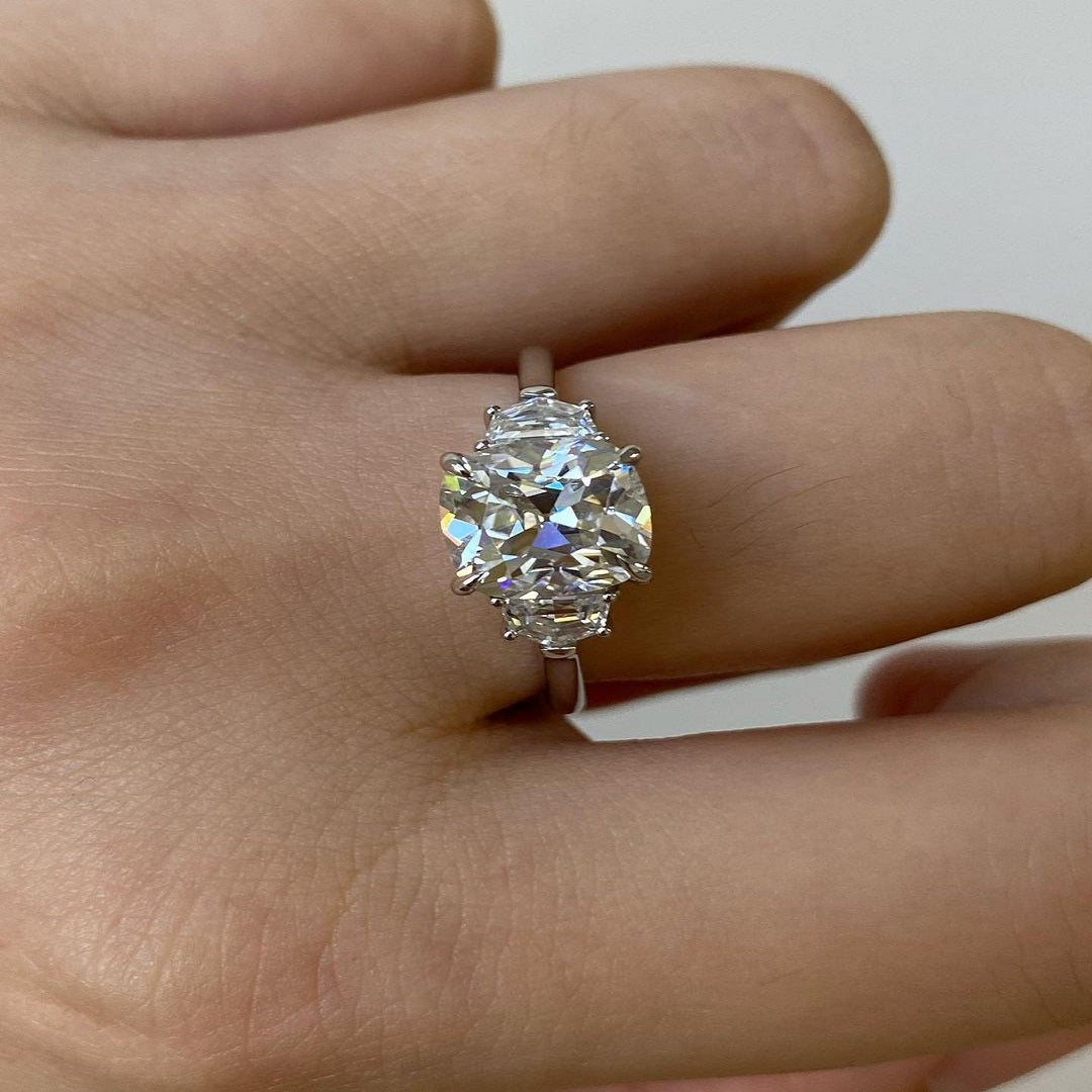 2.50 Ct Cushion Moissanite Diamond Ring, Three Stone Ring, Said Half Moon Diamond Ring, Unique Design Ring, Anniversary Gift For Her