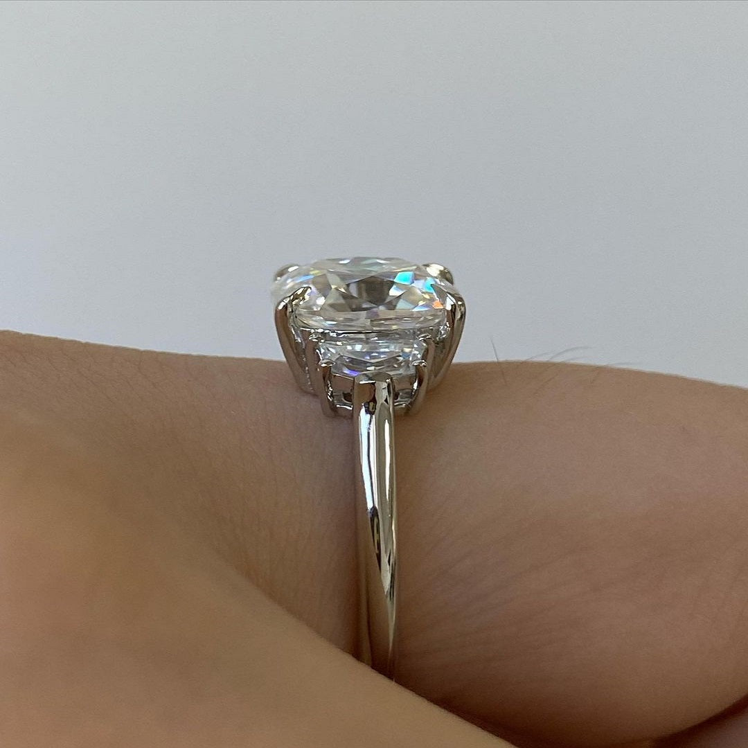 2.50 Ct Cushion Moissanite Diamond Ring, Three Stone Ring, Said Half Moon Diamond Ring, Unique Design Ring, Anniversary Gift For Her