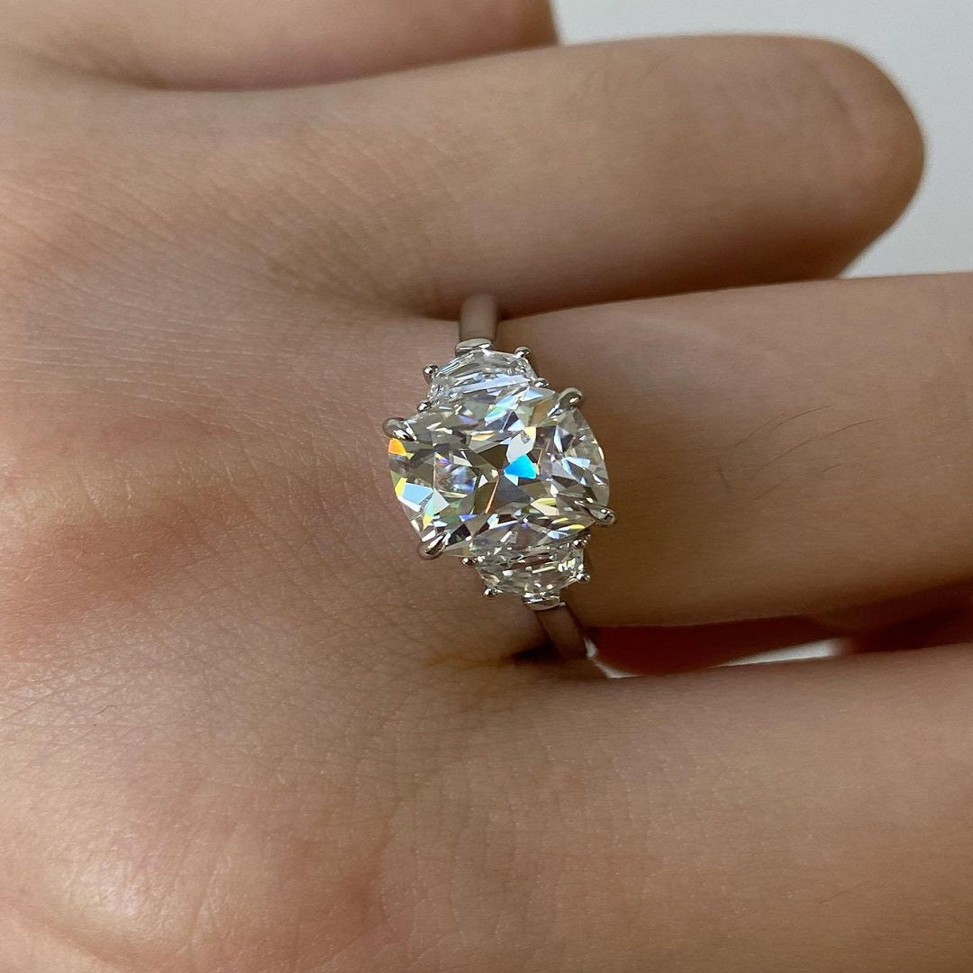 2.50 Ct Cushion Moissanite Diamond Ring, Three Stone Ring, Said Half Moon Diamond Ring, Unique Design Ring, Anniversary Gift For Her