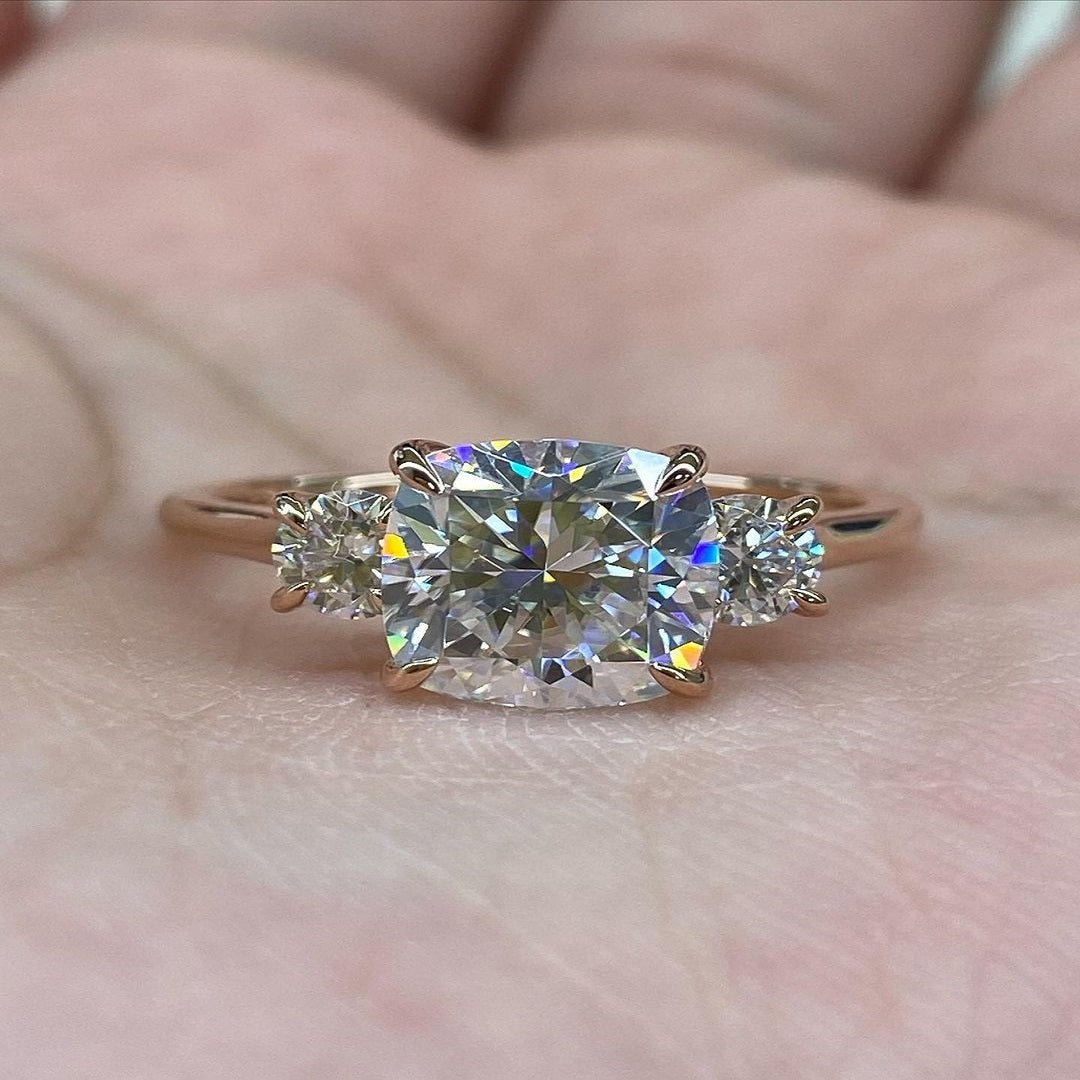 2 Ct Cushion Moissanite Diamond Engagement Ring, Three Stone Diamond Ring, Simple Setting Ring, Christmas Gift For Her