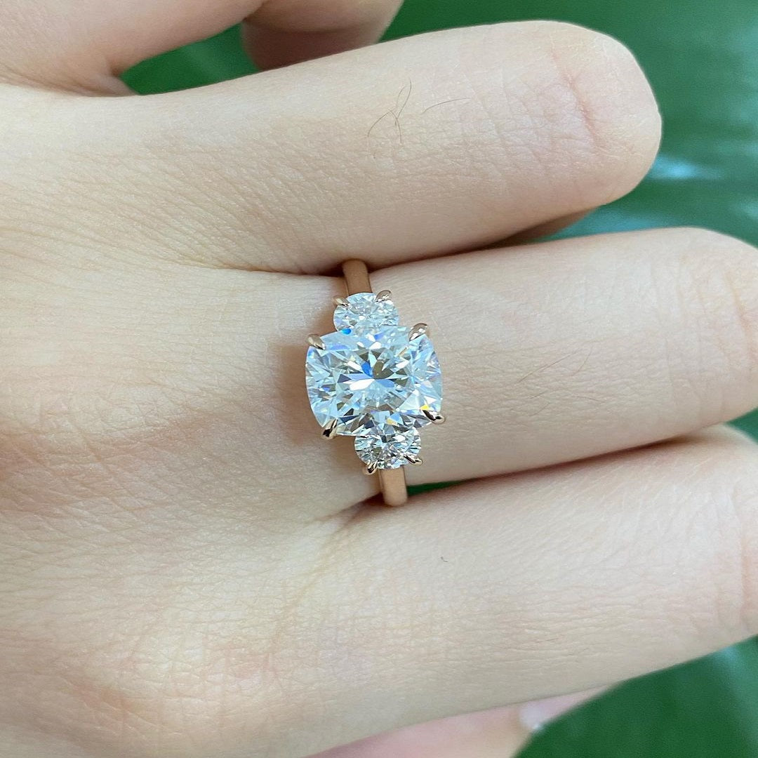 2 Ct Cushion Moissanite Diamond Engagement Ring, Three Stone Diamond Ring, Simple Setting Ring, Christmas Gift For Her