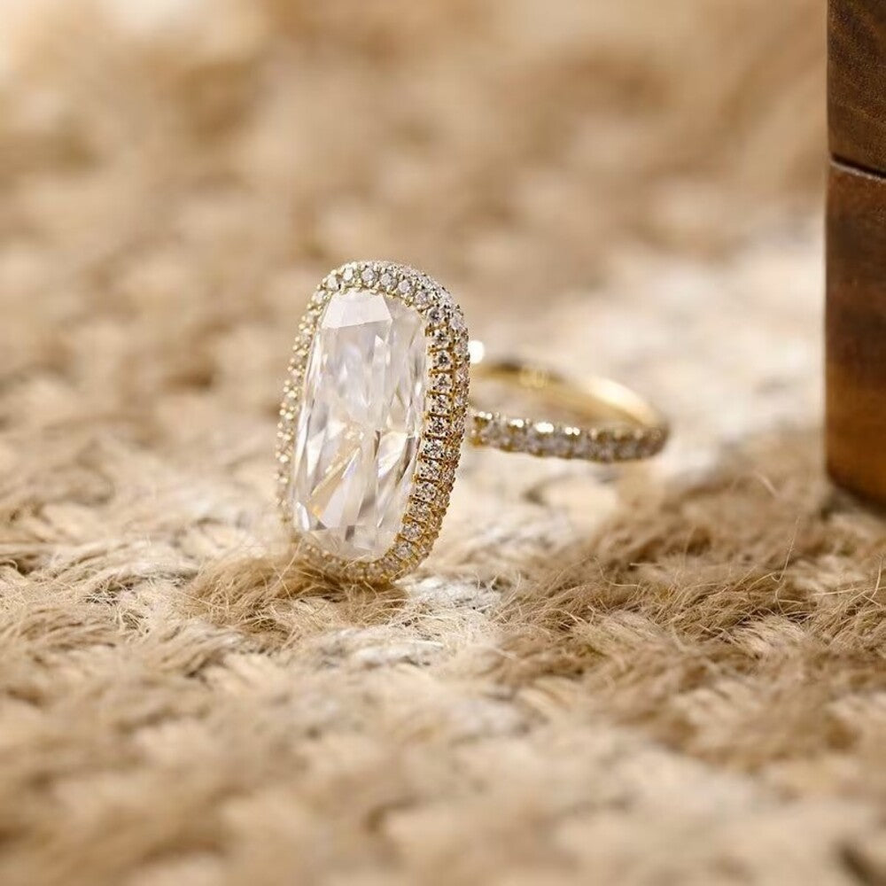 6.50 Ct Elongated Cushion Moissanite Diamond Ring, Two Said Halo And Pave Setting Ring, Engagement Ring For Her