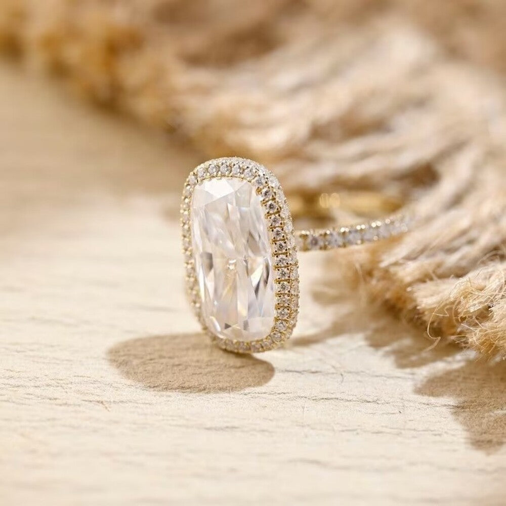 6.50 Ct Elongated Cushion Moissanite Diamond Ring, Two Said Halo And Pave Setting Ring, Engagement Ring For Her