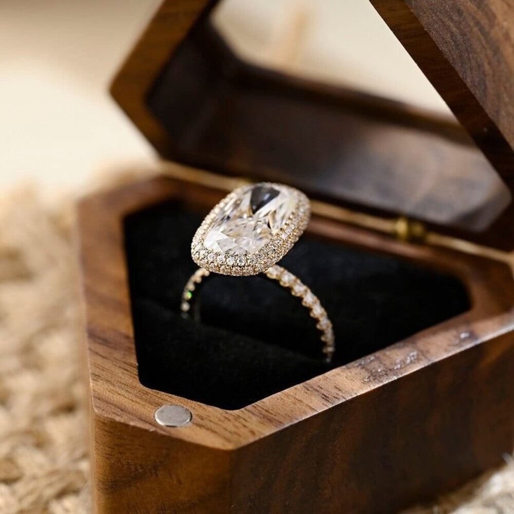 6.50 Ct Elongated Cushion Moissanite Diamond Ring, Two Said Halo And Pave Setting Ring, Engagement Ring For Her