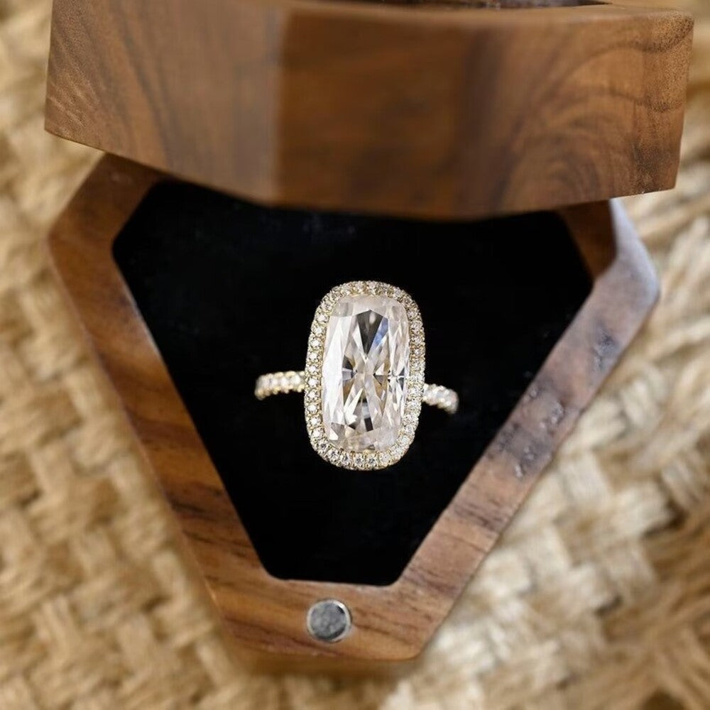 6.50 Ct Elongated Cushion Moissanite Diamond Ring, Two Said Halo And Pave Setting Ring, Engagement Ring For Her