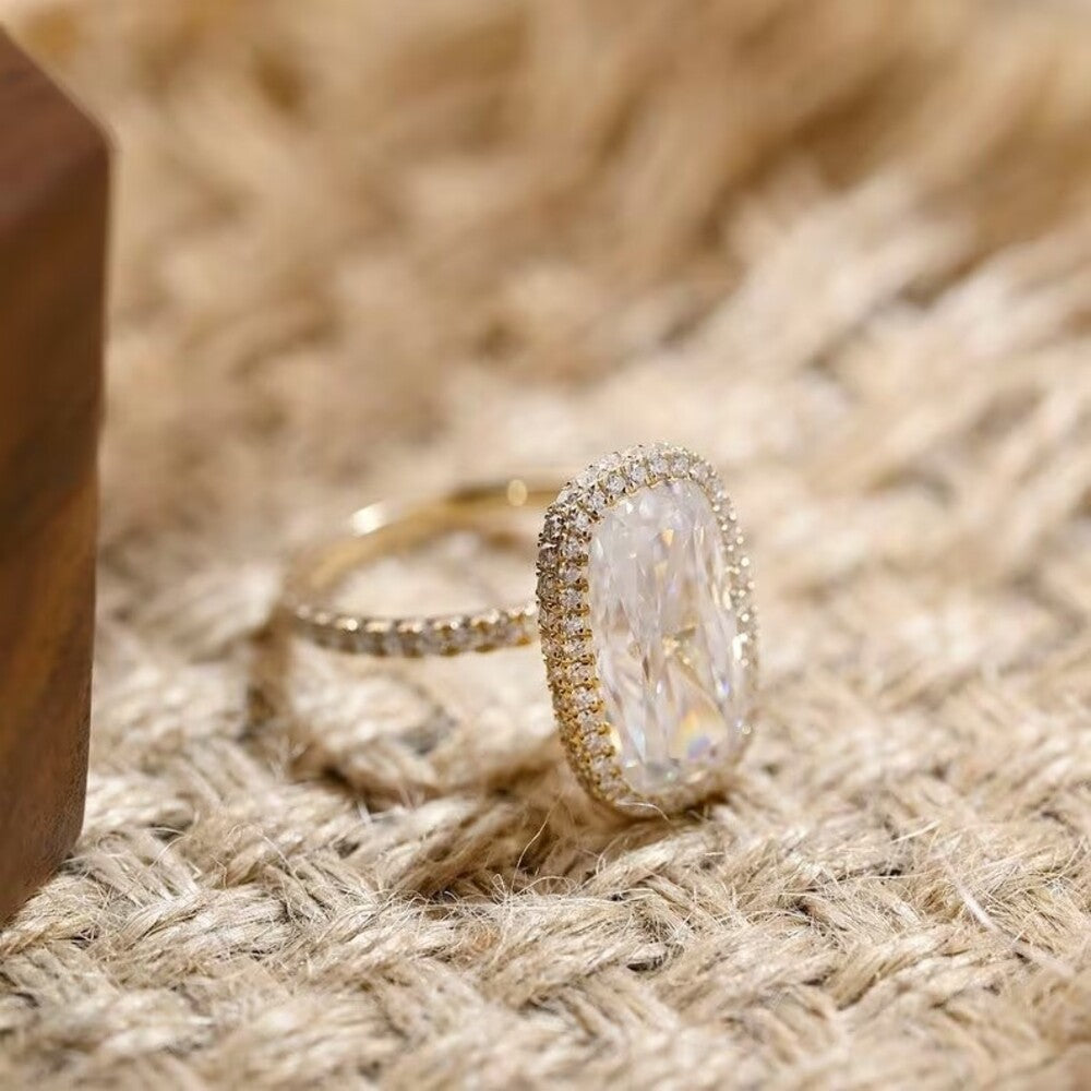 6.50 Ct Elongated Cushion Moissanite Diamond Ring, Two Said Halo And Pave Setting Ring, Engagement Ring For Her