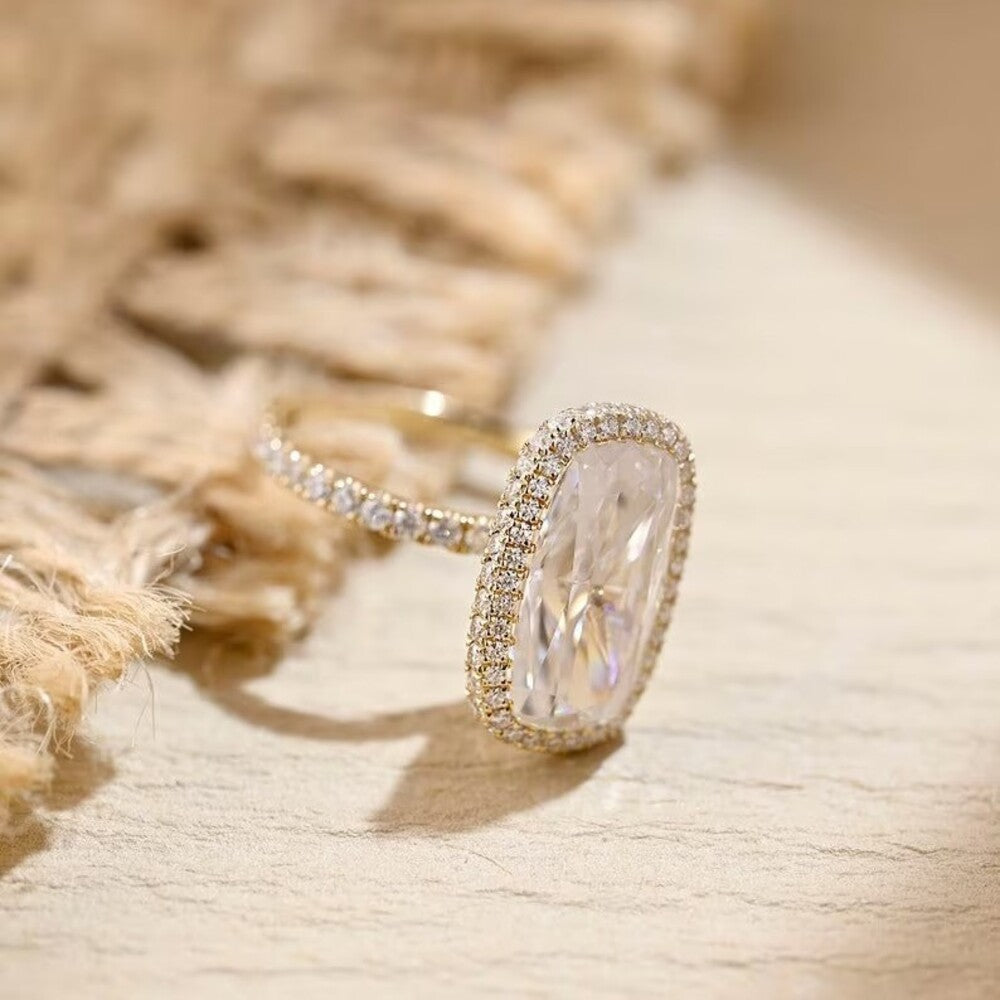 6.50 Ct Elongated Cushion Moissanite Diamond Ring, Two Said Halo And Pave Setting Ring, Engagement Ring For Her