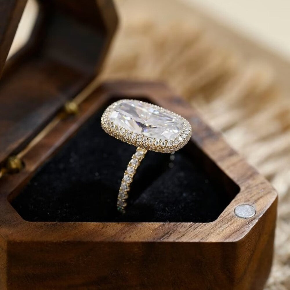 6.50 Ct Elongated Cushion Moissanite Diamond Ring, Two Said Halo And Pave Setting Ring, Engagement Ring For Her