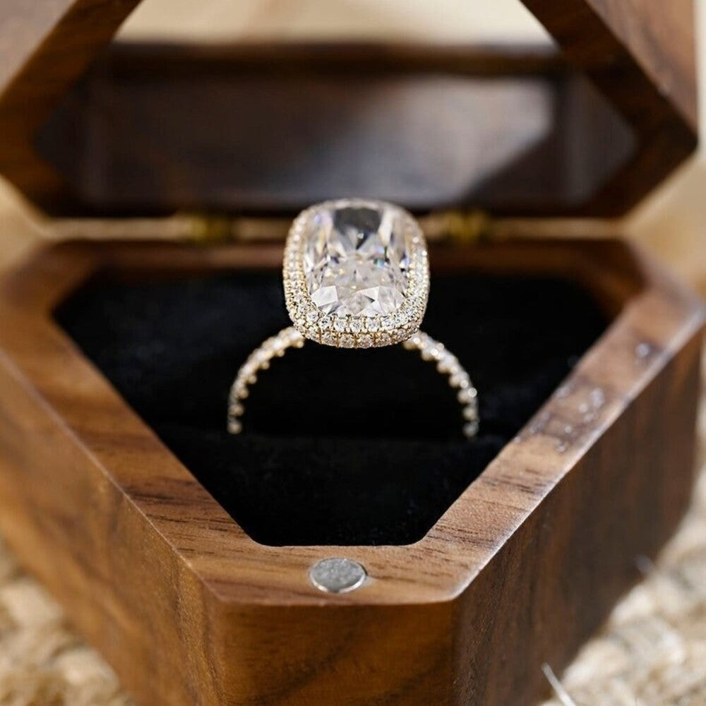 6.50 Ct Elongated Cushion Moissanite Diamond Ring, Two Said Halo And Pave Setting Ring, Engagement Ring For Her