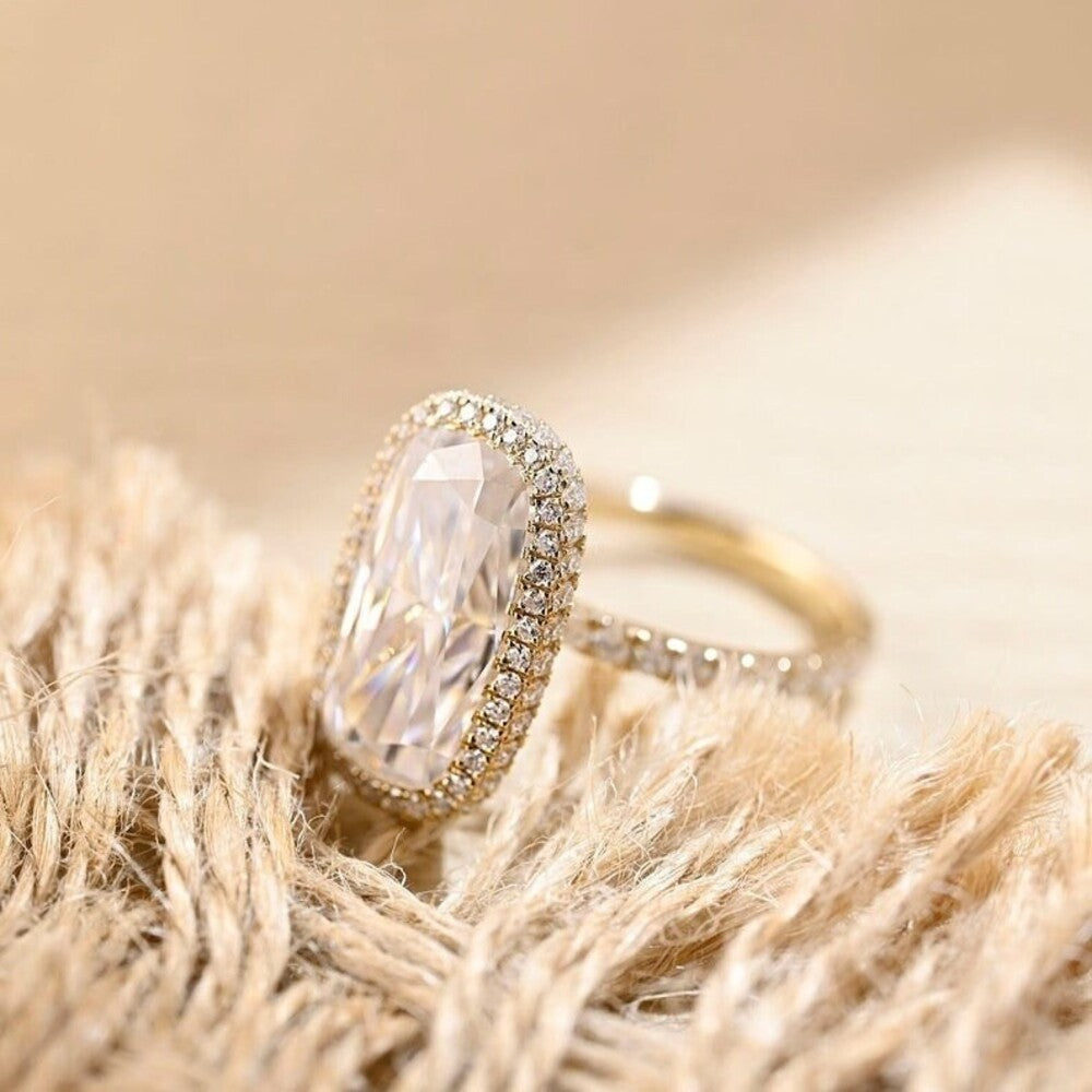 6.50 Ct Elongated Cushion Moissanite Diamond Ring, Two Said Halo And Pave Setting Ring, Engagement Ring For Her