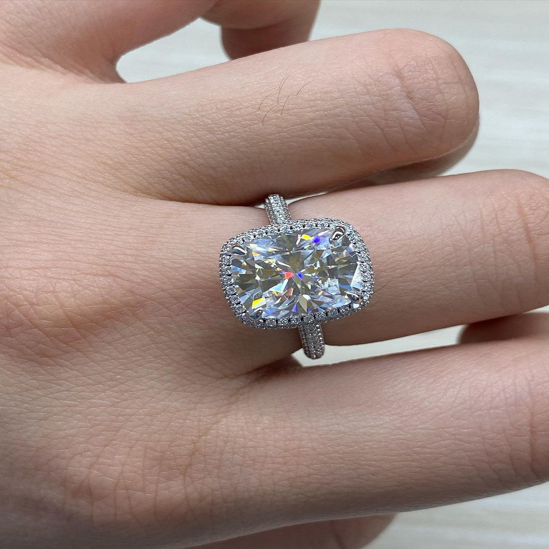 Elongated Cushion Moissanite Ring, Promise Ring, Halo And Pave Setting Ring, Christmas Ring For Her