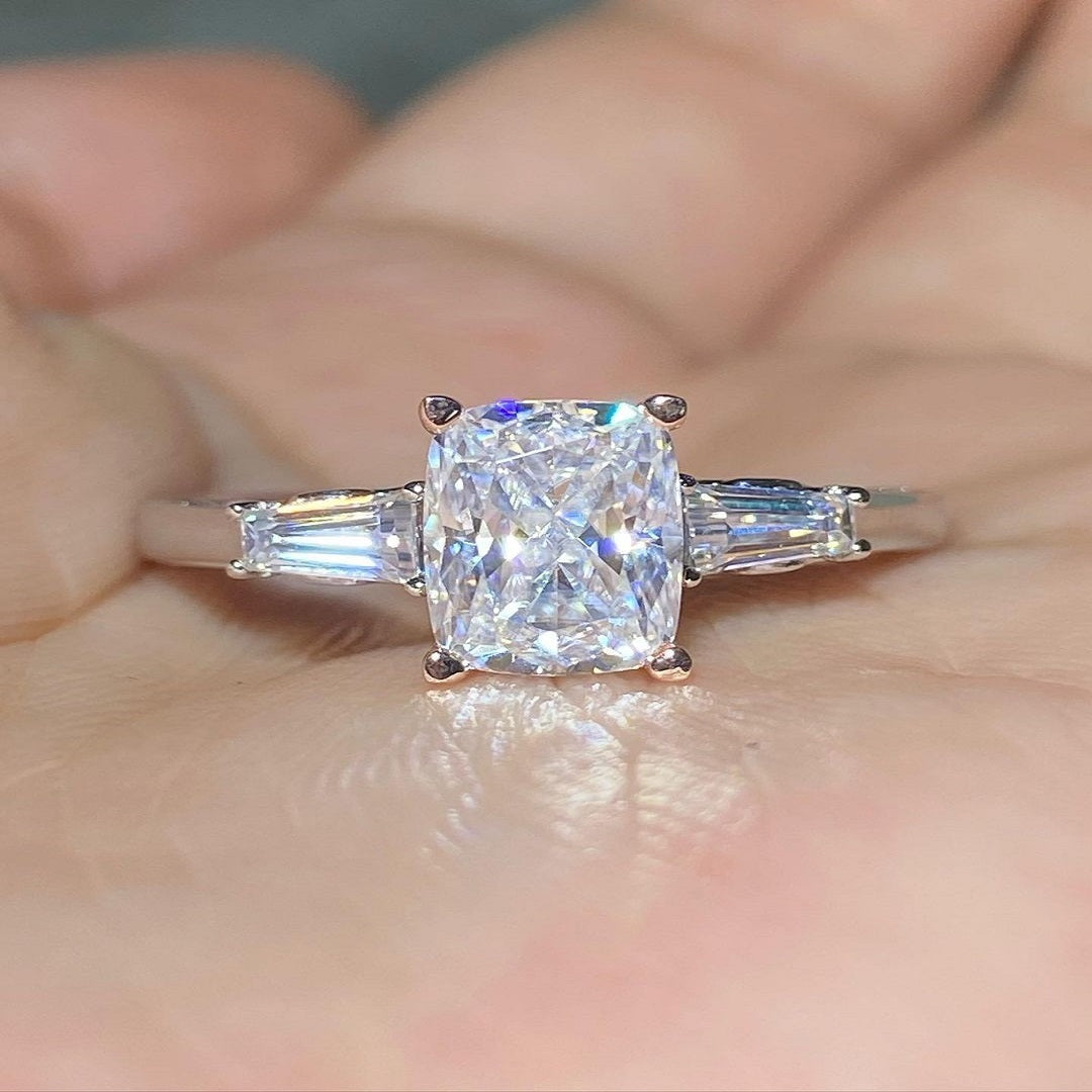 2.50 Ct Elongated Cushion Moissanite Ring, Engagement Ring, Three Stone Ring, Said Tapered Baguette Diamond Ring For Her