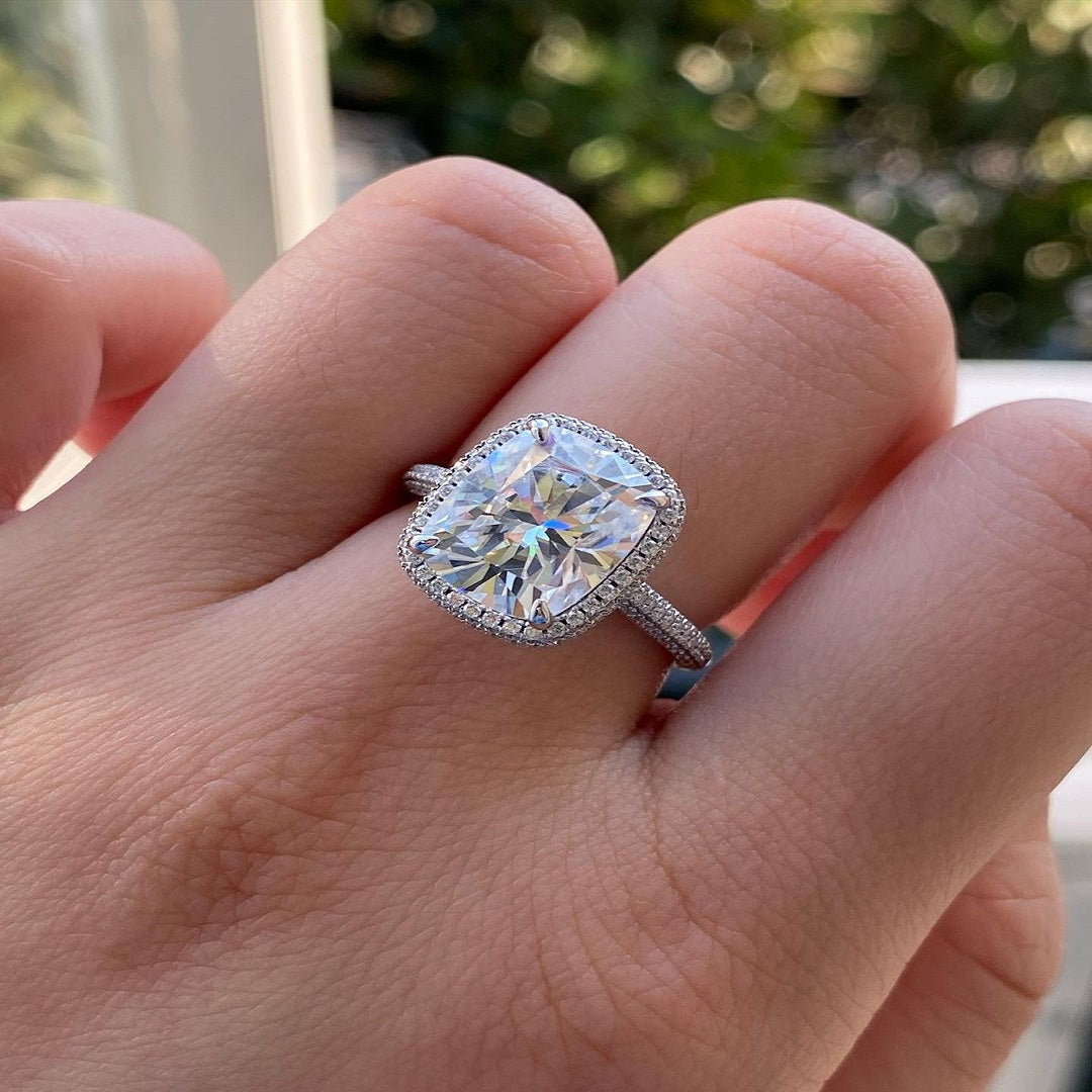 Elongated Cushion Moissanite Ring, Promise Ring, Halo And Pave Setting Ring, Christmas Ring For Her