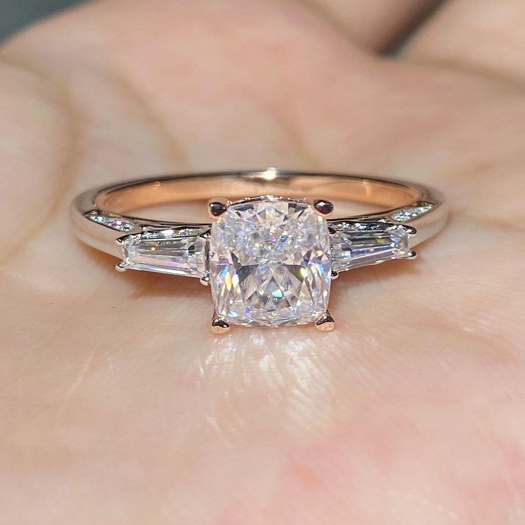 2.50 Ct Elongated Cushion Moissanite Ring, Engagement Ring, Three Stone Ring, Said Tapered Baguette Diamond Ring For Her
