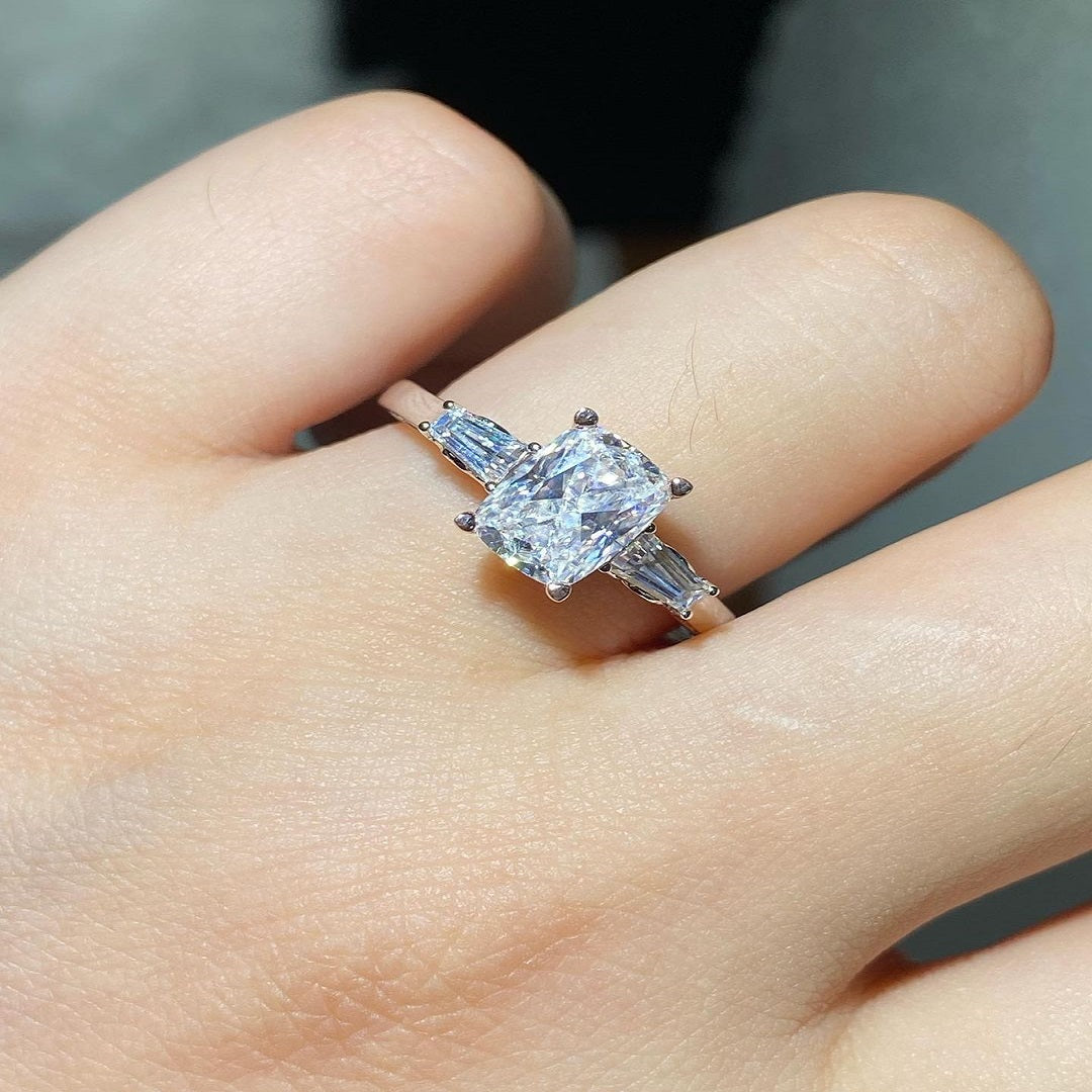 2.50 Ct Elongated Cushion Moissanite Ring, Engagement Ring, Three Stone Ring, Said Tapered Baguette Diamond Ring For Her