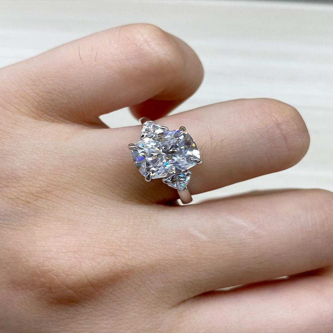 2.50 Ct Elongated Cushion Moissanite Diamond Ring, Said Triangle Stone Ring, Three Stone Ring, Anniversary Gift For Her