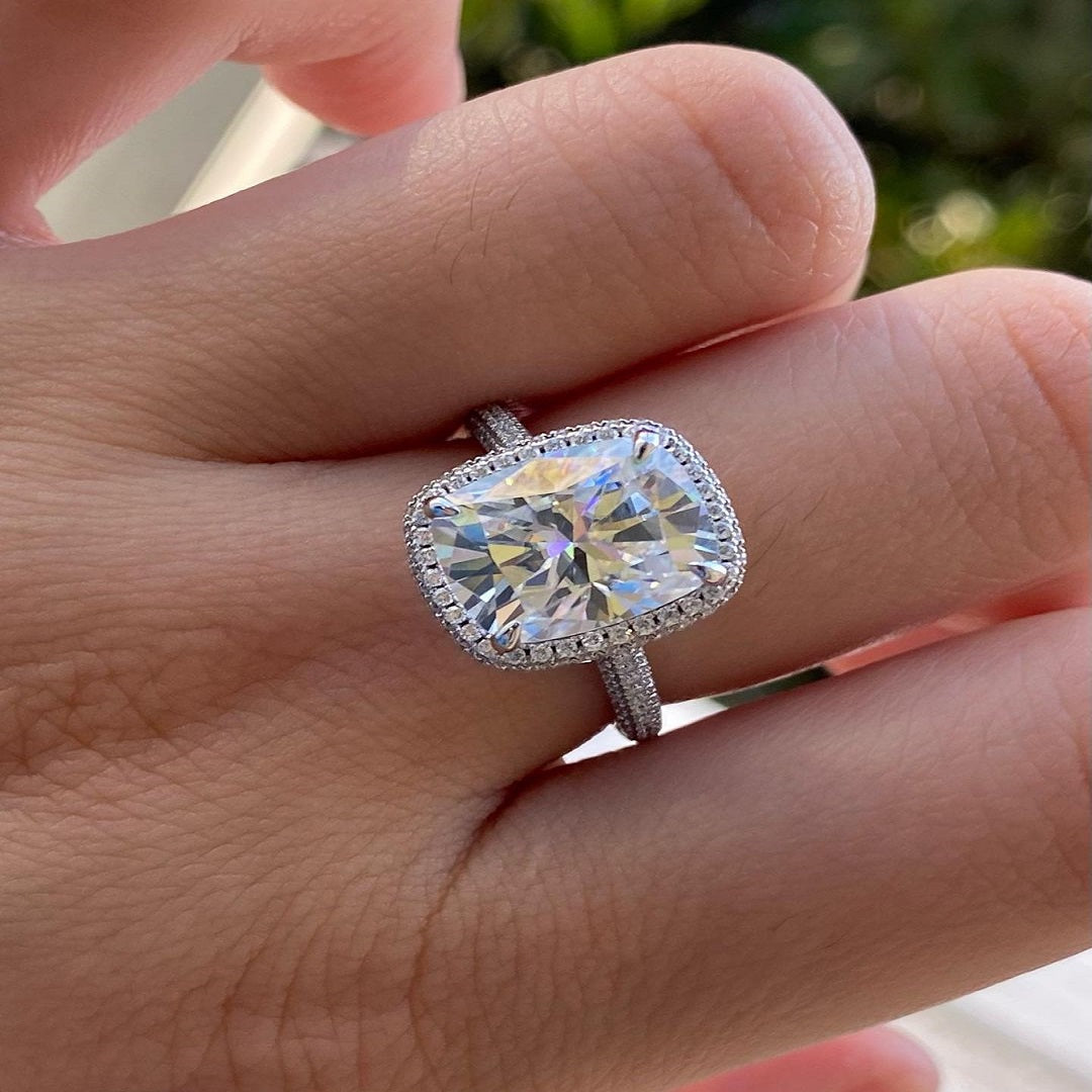 Elongated Cushion Moissanite Ring, Promise Ring, Halo And Pave Setting Ring, Christmas Ring For Her