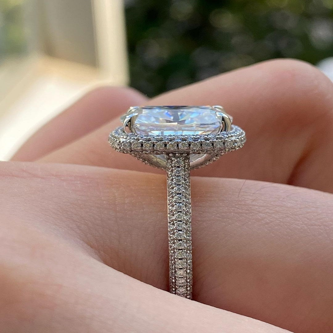 Elongated Cushion Moissanite Ring, Promise Ring, Halo And Pave Setting Ring, Christmas Ring For Her