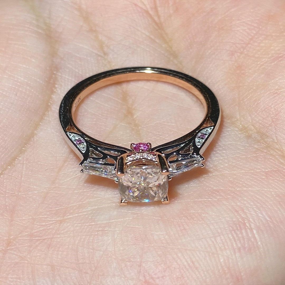 2.50 Ct Elongated Cushion Moissanite Ring, Engagement Ring, Three Stone Ring, Said Tapered Baguette Diamond Ring For Her