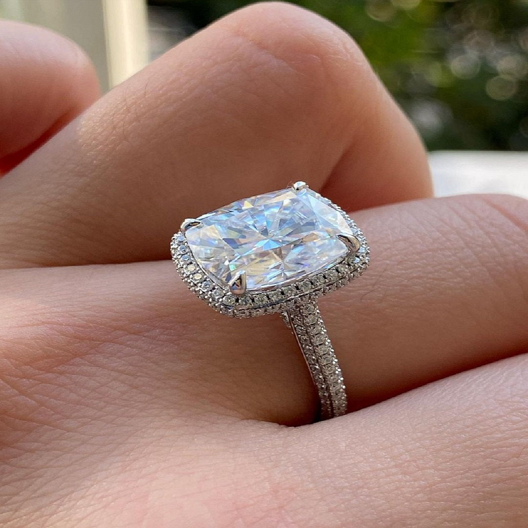 Elongated Cushion Moissanite Ring, Promise Ring, Halo And Pave Setting Ring, Christmas Ring For Her