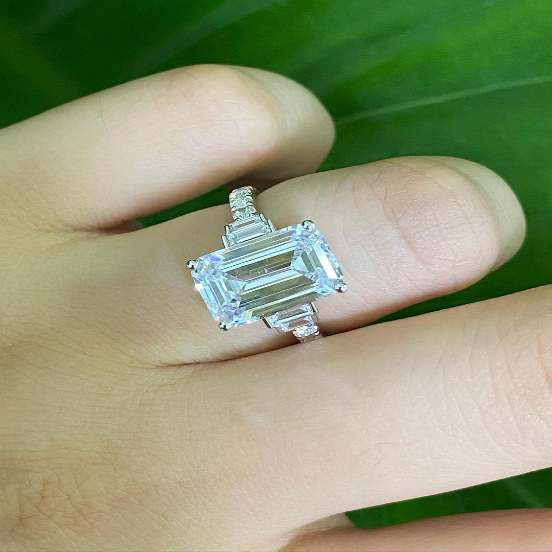 3 Ct Emerald Moissanite Ring, Engagement Ring, Five Stone Anniversary Ring, Wedding Gift For Her