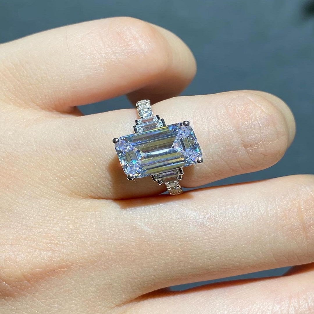 3 Ct Emerald Moissanite Ring, Engagement Ring, Five Stone Anniversary Ring, Wedding Gift For Her