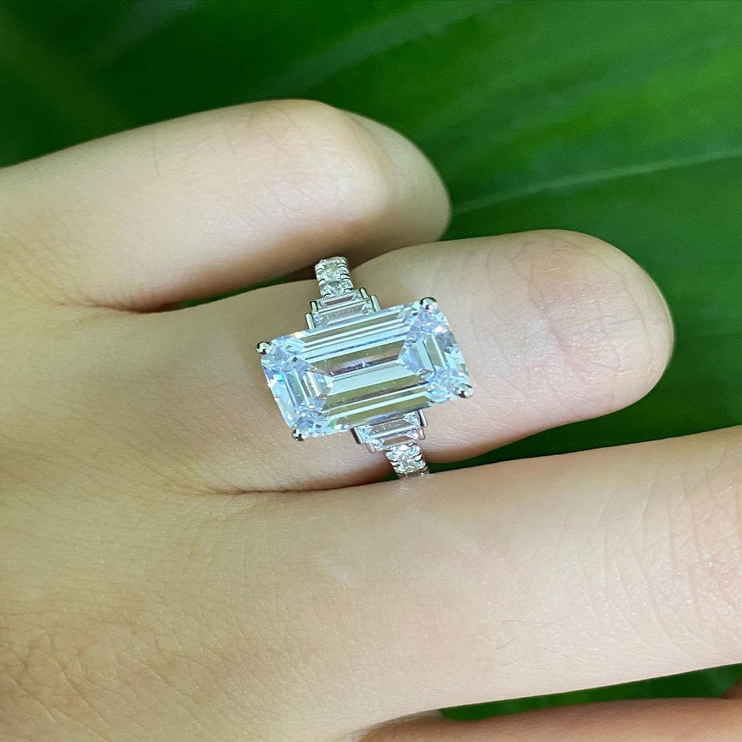 3 Ct Emerald Moissanite Ring, Engagement Ring, Five Stone Anniversary Ring, Wedding Gift For Her