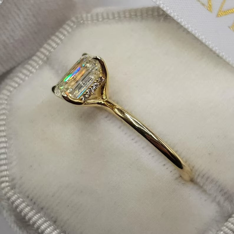 2 Ct Emerald moissanite Diamond Ring, Simple Emerald Diamond Ring, Hidden Halo Setting Ring, Solitaire Ring Gift For Her