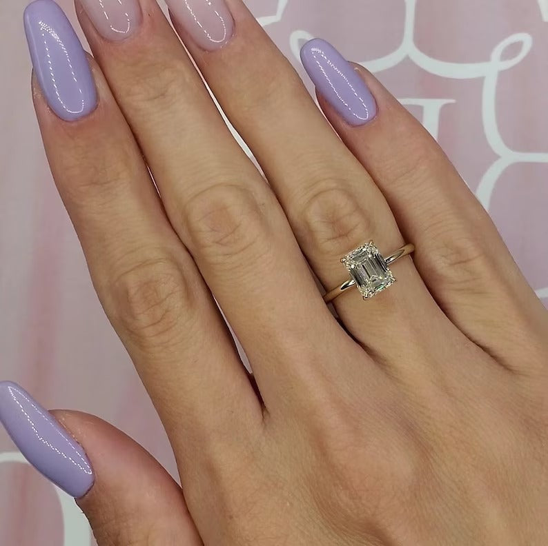 2 Ct Emerald moissanite Diamond Ring, Simple Emerald Diamond Ring, Hidden Halo Setting Ring, Solitaire Ring Gift For Her