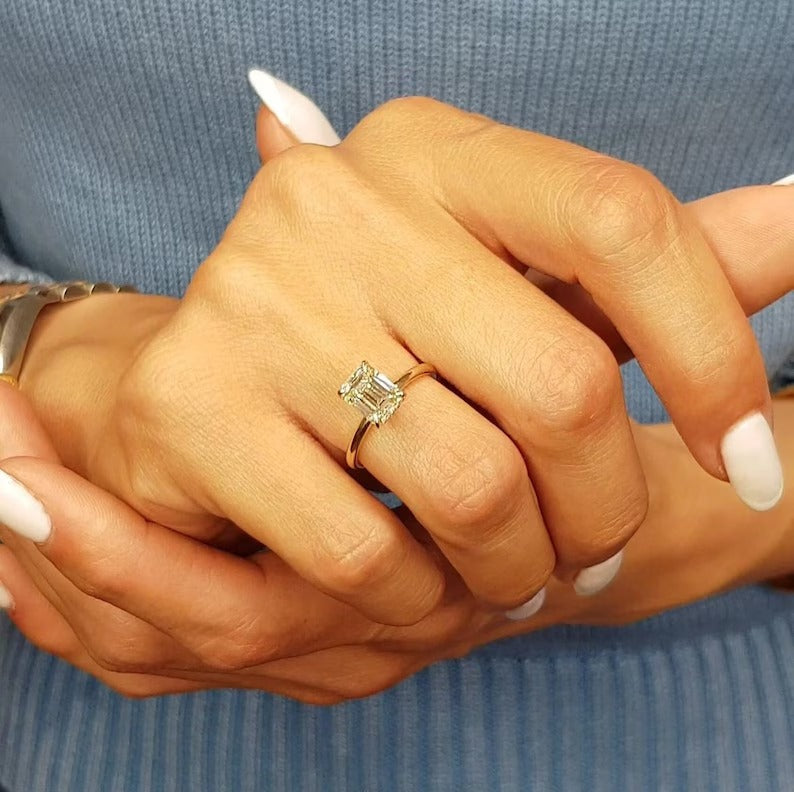 2 Ct Emerald moissanite Diamond Ring, Simple Emerald Diamond Ring, Hidden Halo Setting Ring, Solitaire Ring Gift For Her