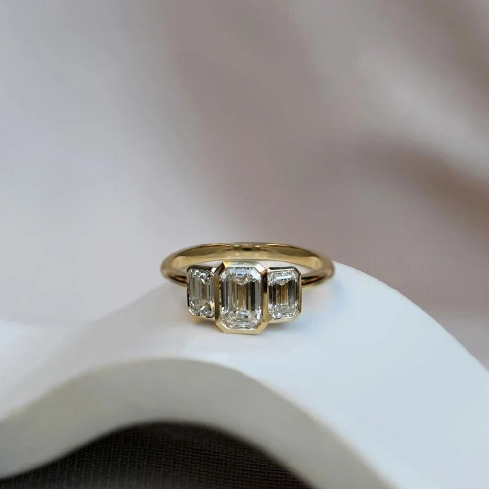 Emerald Three Stone Moissanite Ring