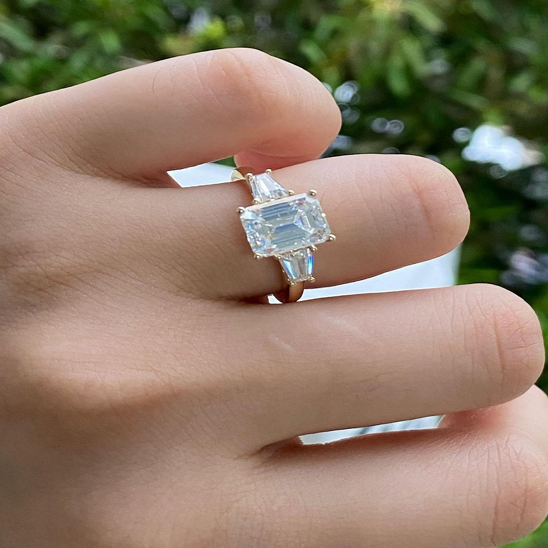 1.75 Ct Emerald Moissanite Diamond Ring, Tapered baguette Said Stone Ring, Three Stone Ring, Wedding Gift For Her