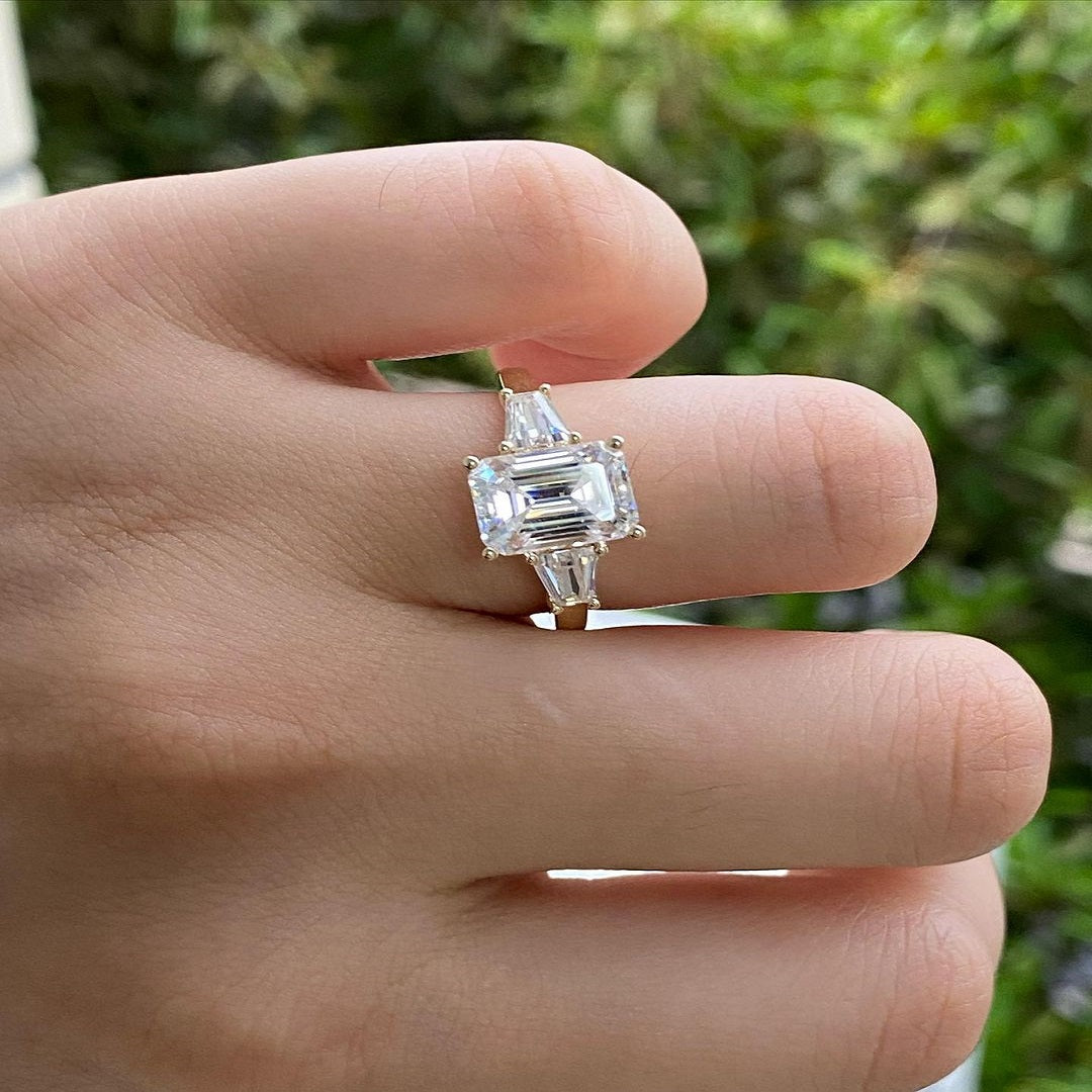 1.75 Ct Emerald Moissanite Diamond Ring, Tapered baguette Said Stone Ring, Three Stone Ring, Wedding Gift For Her