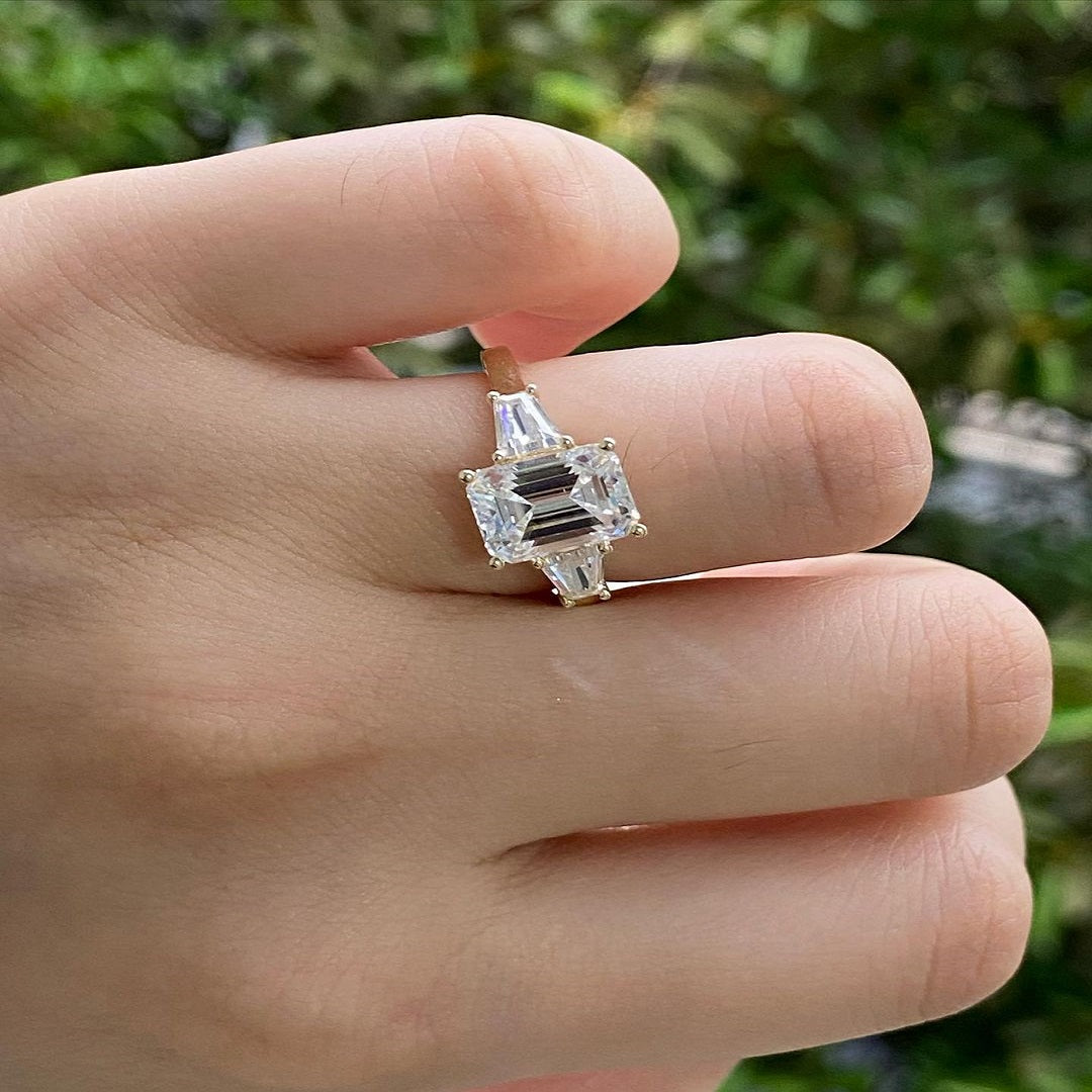 1.75 Ct Emerald Moissanite Diamond Ring, Tapered baguette Said Stone Ring, Three Stone Ring, Wedding Gift For Her