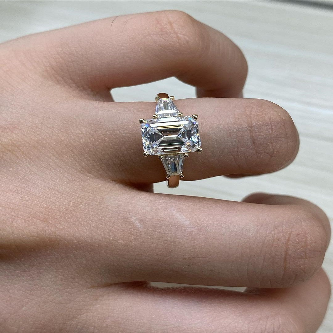1.75 Ct Emerald Moissanite Diamond Ring, Tapered baguette Said Stone Ring, Three Stone Ring, Wedding Gift For Her