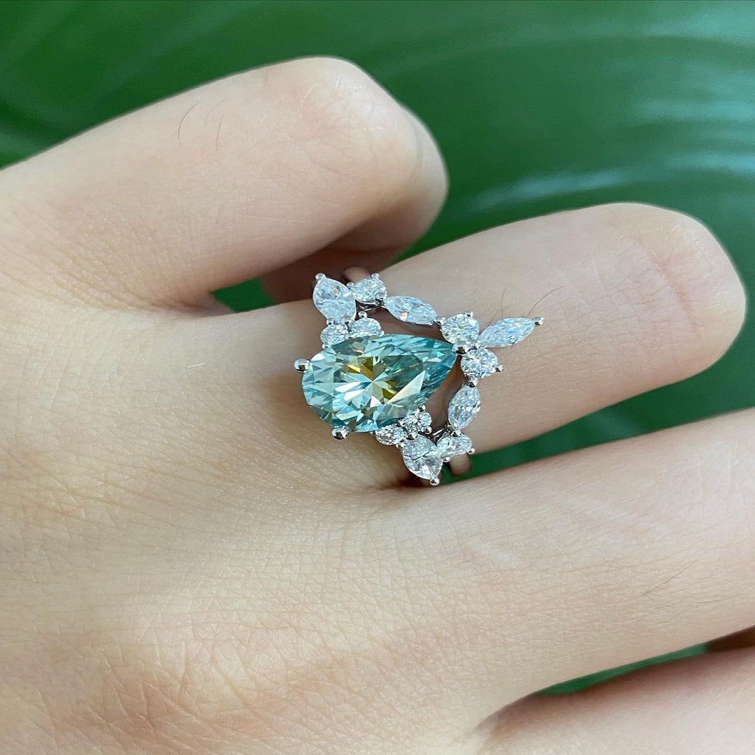 2 Ct Green Pear Moissanite Diamond Engagement Ring, Marquise And Round Cut Half Eternity Bridal Band, Wedding Bridal Set, Anniversary Gift For Her