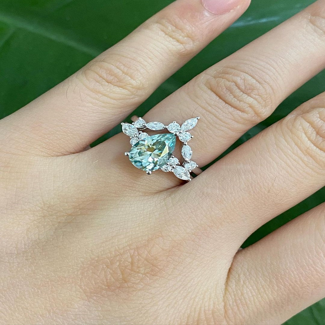 2 Ct Green Pear Moissanite Diamond Engagement Ring, Marquise And Round Cut Half Eternity Bridal Band, Wedding Bridal Set, Anniversary Gift For Her