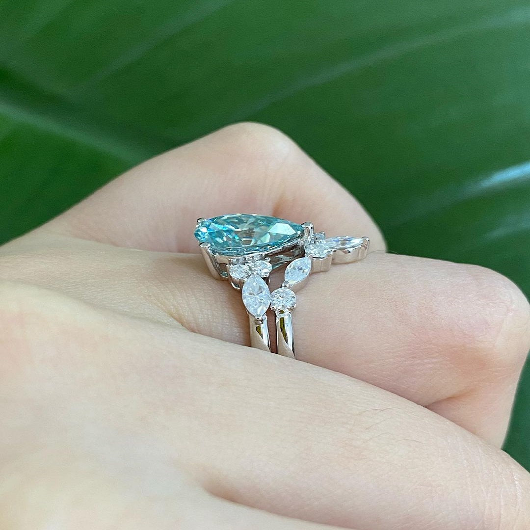 2 Ct Green Pear Moissanite Diamond Engagement Ring, Marquise And Round Cut Half Eternity Bridal Band, Wedding Bridal Set, Anniversary Gift For Her