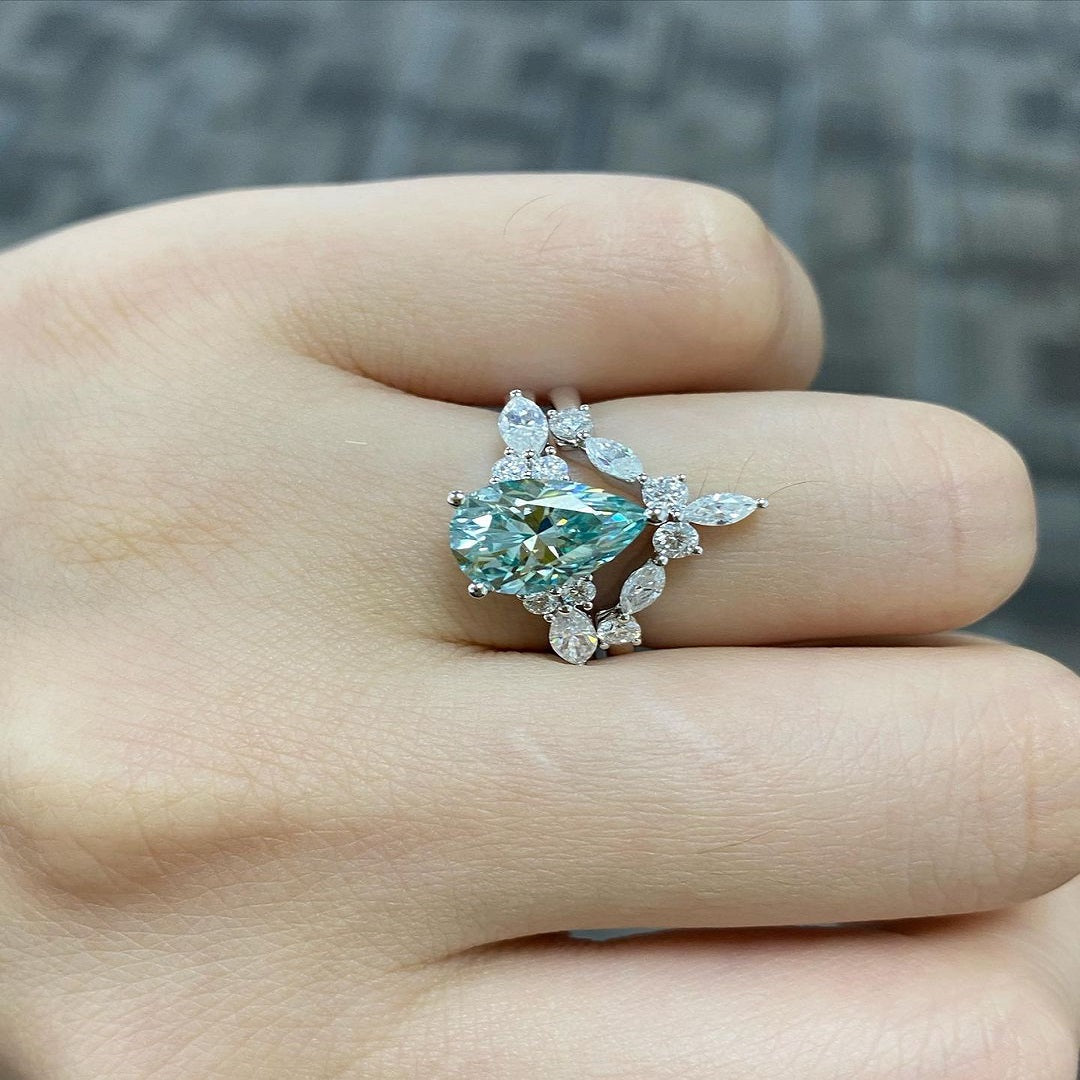 2 Ct Green Pear Moissanite Diamond Engagement Ring, Marquise And Round Cut Half Eternity Bridal Band, Wedding Bridal Set, Anniversary Gift For Her