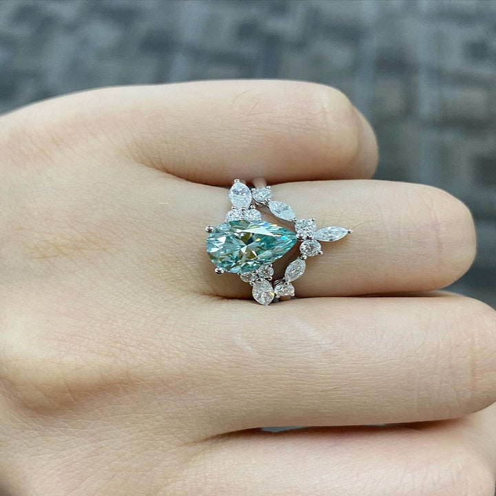 2 Ct Green Pear Moissanite Diamond Engagement Ring, Marquise And Round Cut Half Eternity Bridal Band, Wedding Bridal Set, Anniversary Gift For Her