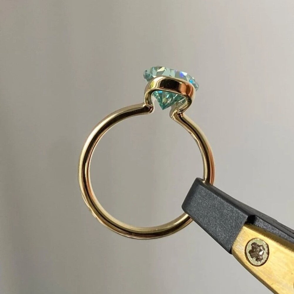 2.50 Ct Pear Moissanite Diamond Ring, Simple Diamond Ring, Green Diamond Ring, Half Bezel Setting Ring, Anniversary Gift For Her