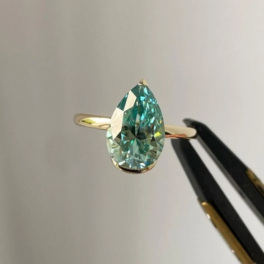 2.50 Ct Pear Moissanite Diamond Ring, Simple Diamond Ring, Green Diamond Ring, Half Bezel Setting Ring, Anniversary Gift For Her