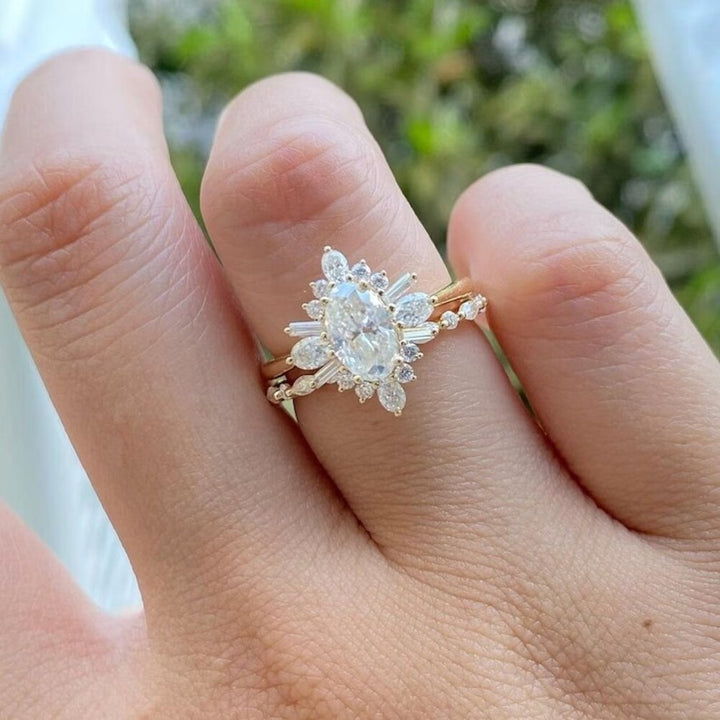 Oval Cut Moissanite Bridal Set Cluster Ring