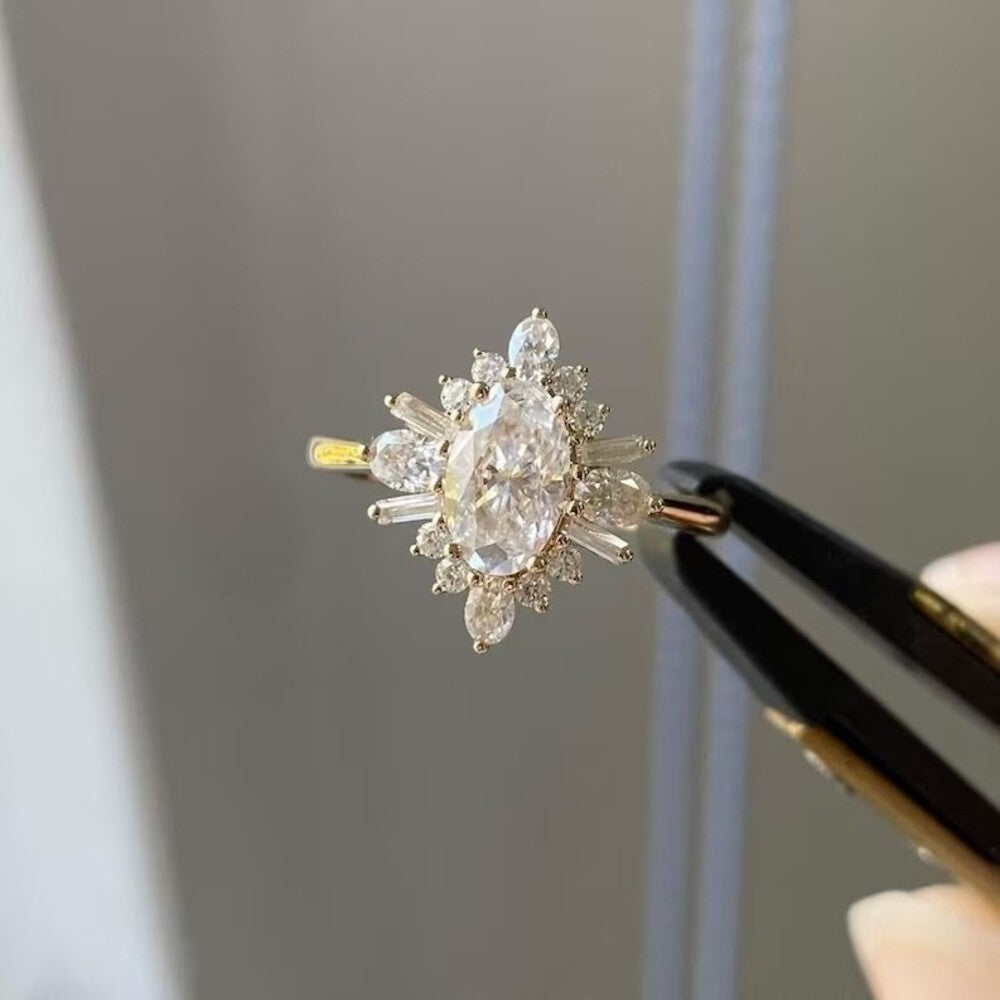 Oval Cut Moissanite Bridal Set Cluster Ring