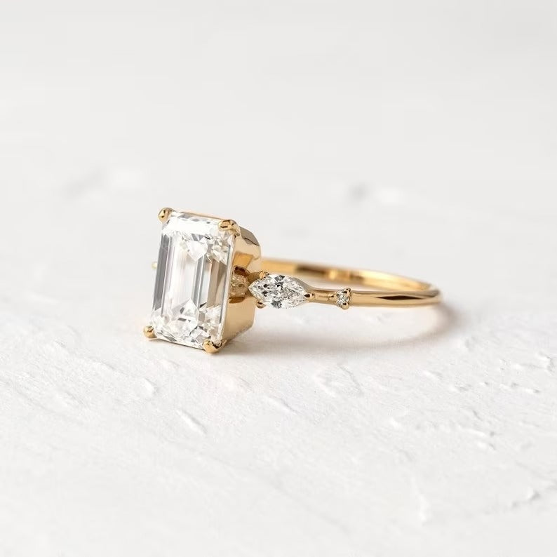 Emerald Moissanite Three Stone Ring