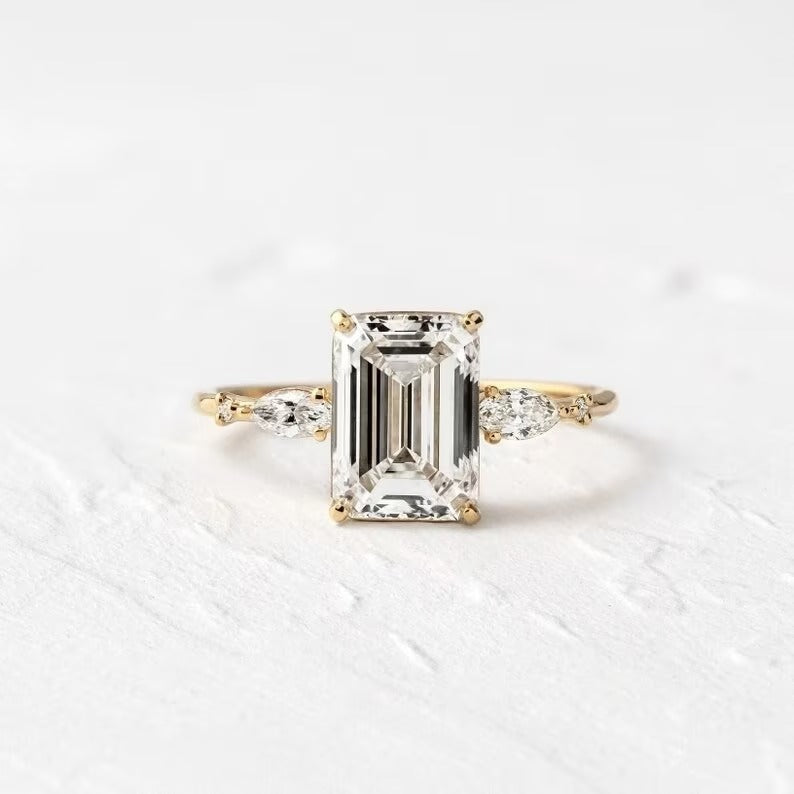 Emerald Moissanite Three Stone Ring