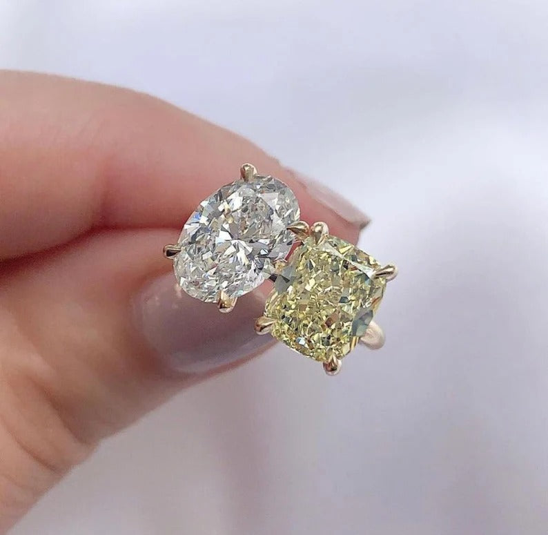 Oval And Cushion Diamond Two stone Ring