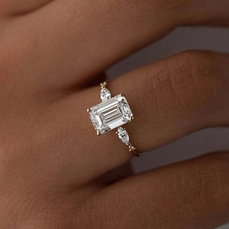 Emerald Moissanite Three Stone Ring