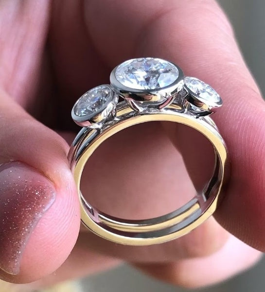 Round Three Stone Moissanite Diamond Ring